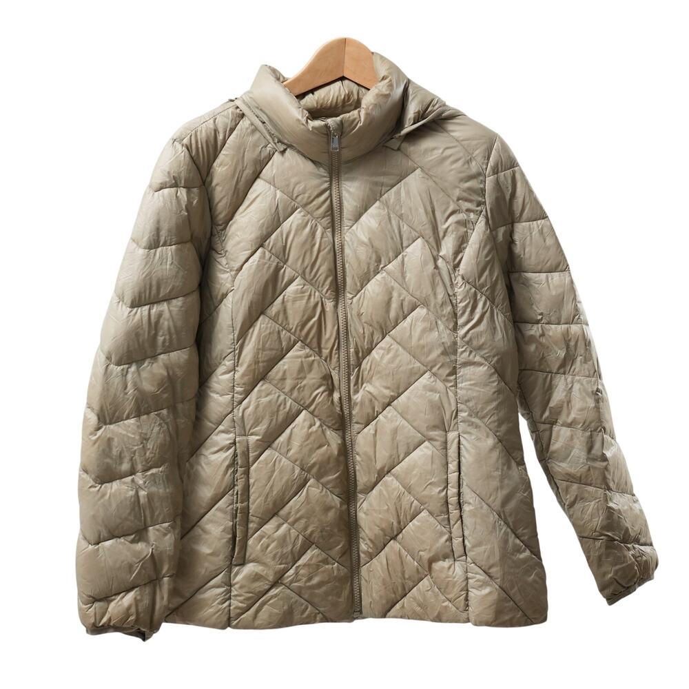 London Fog Lightweight Packable Down Puffer Jacket Hooded Beige Women's Large